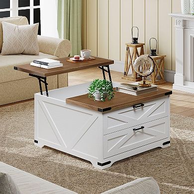 Lift Top Coffee Table with Storage Drawers, Square Wood Living Room Table