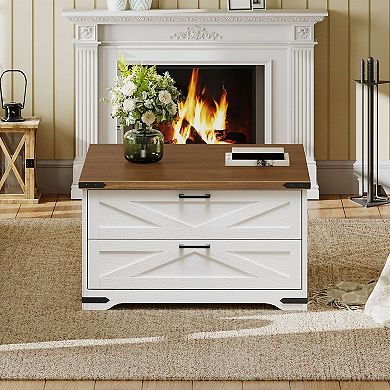 Lift Top Coffee Table with Storage Drawers, Square Wood Living Room Table