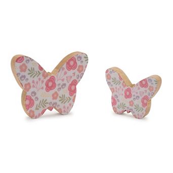 Floral Butterfly Decor Set of 2 Mango Wood Home Shelf Table Accent