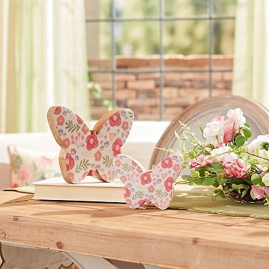 Floral Butterfly Decor Set of 2 Mango Wood Home Shelf Table Accent