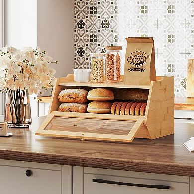 Bread Box with Pull-Down Acrylic Door and Flat Top Storage for Kitchen