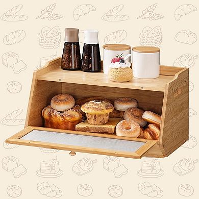 Bread Box with Pull-Down Acrylic Door and Flat Top Storage for Kitchen