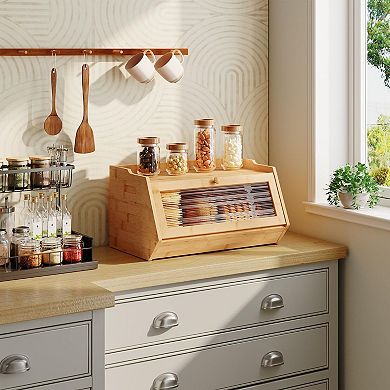 Bread Box with Pull-Down Acrylic Door and Flat Top Storage for Kitchen