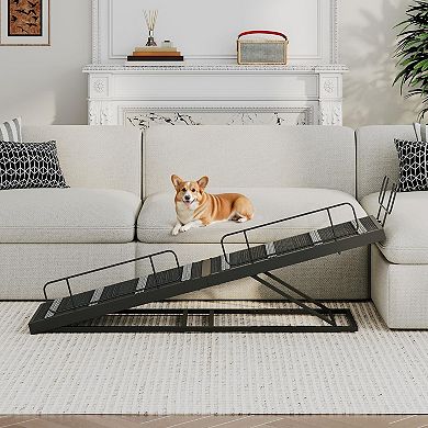 Dog Ramp with Adjustable Heights, Raised Steps, and Safety Barrier