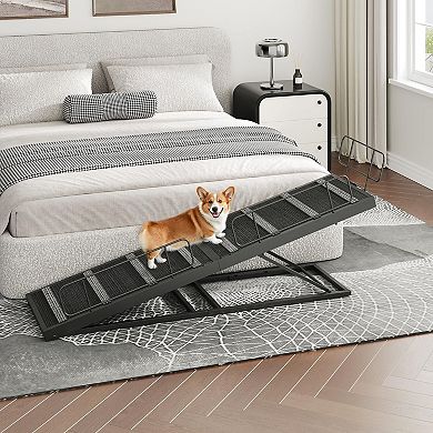 Dog Ramp with Adjustable Heights, Raised Steps, and Safety Barrier