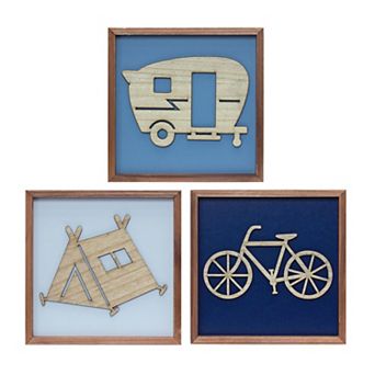 Set of 3 Framed Camping Wall Art Tent Camper and Bicycle Prints Adventure Theme Square Wall Decor