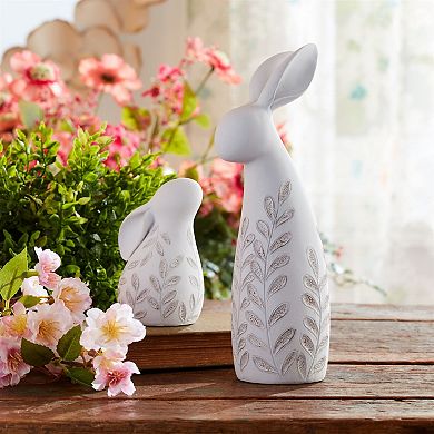 12pc Bunny Figurine Tabletop Decor with Etched Leaf Details for Seasonal Display, Mantel, Console