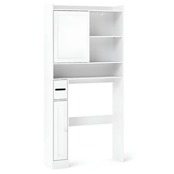 Over-the-Toilet Storage Shelf with Sliding Door, Cabinets, and Toilet Paper Holder