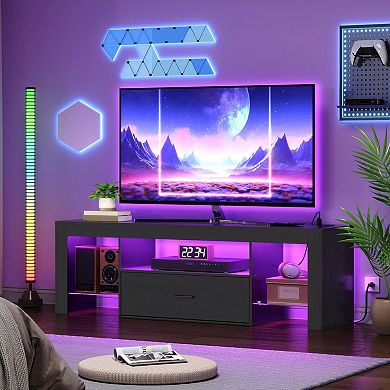 TV Stand with LED Band, 3 Open Shelves, Drawer, AC Outlets and USB Ports