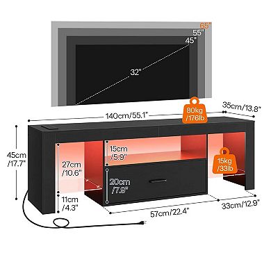 TV Stand with LED Band, 3 Open Shelves, Drawer, AC Outlets and USB Ports