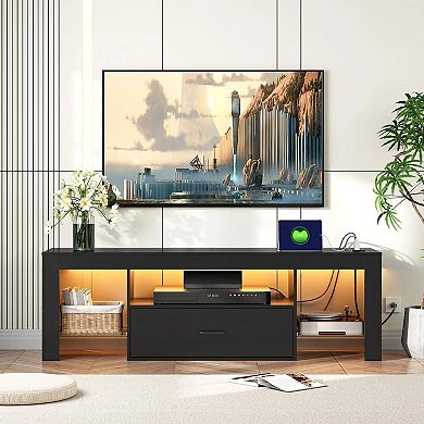 TV Stand with LED Band, 3 Open Shelves, Drawer, AC Outlets and USB Ports