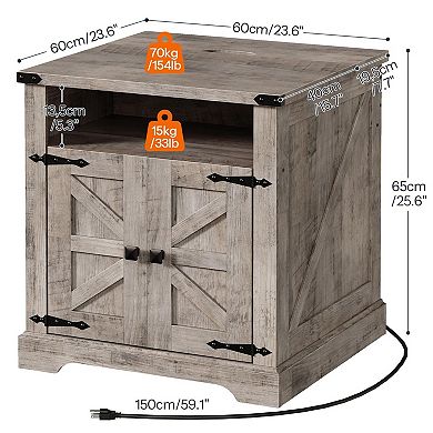 Farmhouse End Table with Flip-Top USB-C Charging, AC Outlets, and Storage Cabinet