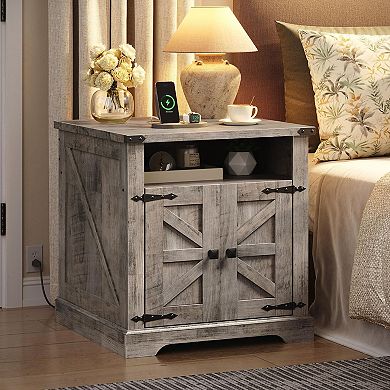 Farmhouse End Table with Flip-Top USB-C Charging, AC Outlets, and Storage Cabinet