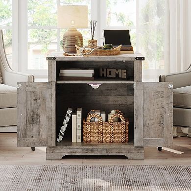 Farmhouse End Table with Flip-Top USB-C Charging, AC Outlets, and Storage Cabinet