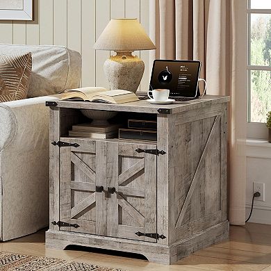 Farmhouse End Table with Flip-Top USB-C Charging, AC Outlets, and Storage Cabinet