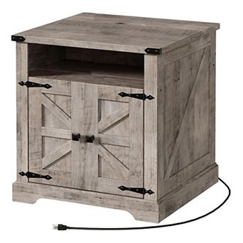 Farmhouse End Table with Flip-Top USB-C Charging, AC Outlets, and Storage Cabinet