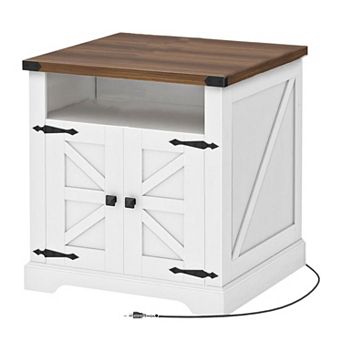 Farmhouse End Table with Flip-Top USB-C Charging, AC Outlets, and Storage Cabinet