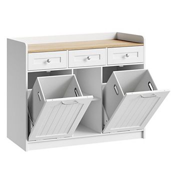 Double Tilt Out Laundry Cabinet with Drawers and Open Storage Shelf, Freestanding Bathroom Unit