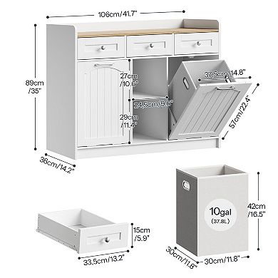 Double Tilt Out Laundry Cabinet with Drawers and Open Storage Shelf, Freestanding Bathroom Unit