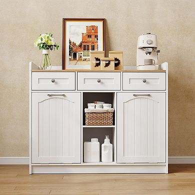 Double Tilt Out Laundry Cabinet with Drawers and Open Storage Shelf, Freestanding Bathroom Unit