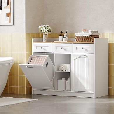 Double Tilt Out Laundry Cabinet with Drawers and Open Storage Shelf, Freestanding Bathroom Unit