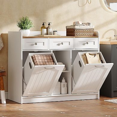 Double Tilt Out Laundry Cabinet with Drawers and Open Storage Shelf, Freestanding Bathroom Unit