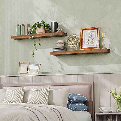 Floating Wall Shelf Solid Wood with Concealed Iron Frame for Bedroom Set of 2