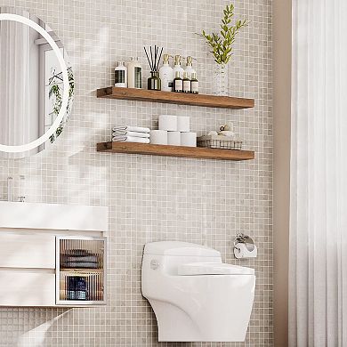 Floating Wall Shelf Solid Wood with Concealed Iron Frame for Bedroom Set of 2
