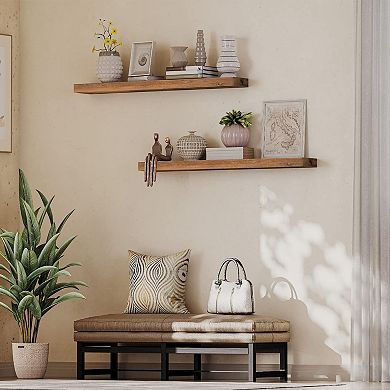 Floating Wall Shelf Solid Wood with Concealed Iron Frame for Bedroom Set of 2