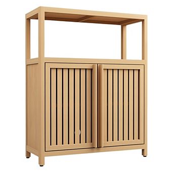 Wicker Storage Cabinet with Shelves and Doors, Floor Organizer for Bathroom