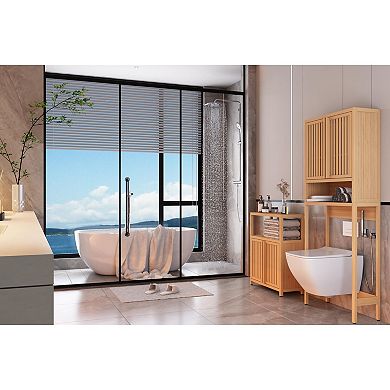 Wicker Storage Cabinet with Shelves and Doors, Floor Organizer for Bathroom
