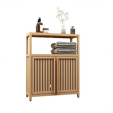 Wicker Storage Cabinet with Shelves and Doors, Floor Organizer for Bathroom