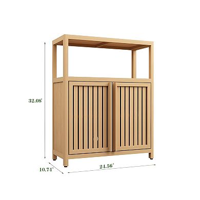 Wicker Storage Cabinet with Shelves and Doors, Floor Organizer for Bathroom