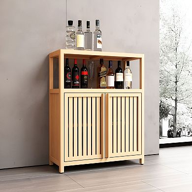 Wicker Storage Cabinet with Shelves and Doors, Floor Organizer for Bathroom