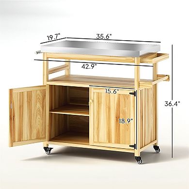Outdoor Kitchen Cart with Wood Frame Prep Table Storage and Spice Rack