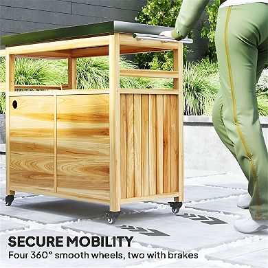 Outdoor Kitchen Cart with Wood Frame Prep Table Storage and Spice Rack