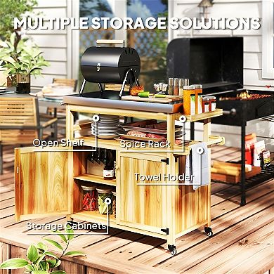 Outdoor Kitchen Cart with Wood Frame Prep Table Storage and Spice Rack