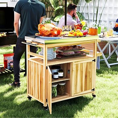 Outdoor Kitchen Cart with Wood Frame Prep Table Storage and Spice Rack
