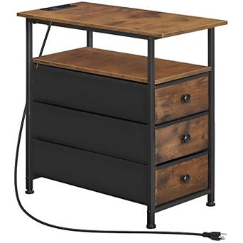Multi-Use Side Table with Charging Station, Fabric Drawers, and Narrow Design
