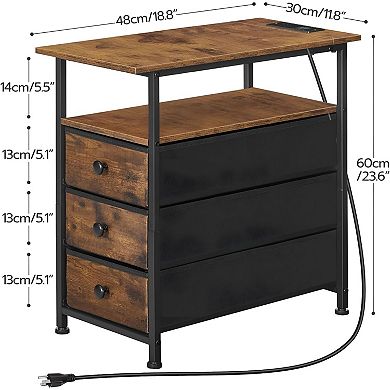 Multi-Use Side Table with Charging Station, Fabric Drawers, and Narrow Design