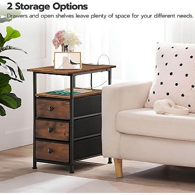 Multi-Use Side Table with Charging Station, Fabric Drawers, and Narrow Design
