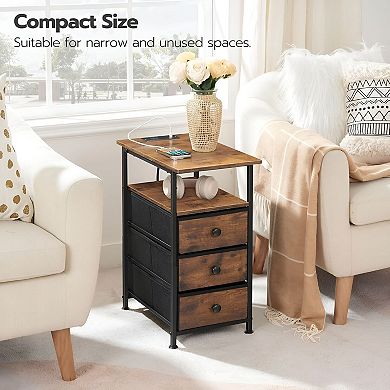 Multi-Use Side Table with Charging Station, Fabric Drawers, and Narrow Design
