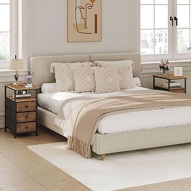 Multi-Use Side Table with Charging Station, Fabric Drawers, and Narrow Design