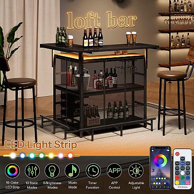 L-Shaped LED Bar Table with 4 Shelves, Wine Storage, and Glass Racks