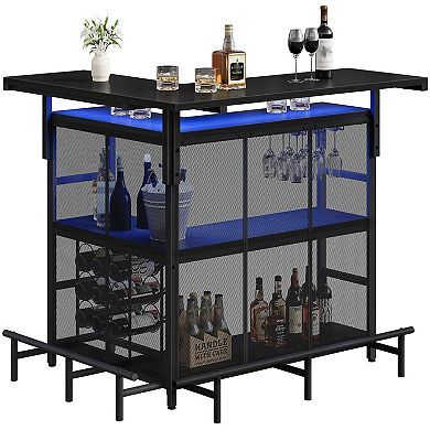 L-Shaped LED Bar Table with 4 Shelves, Wine Storage, and Glass Racks