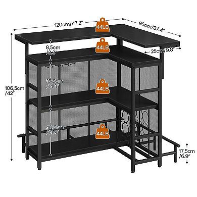 L-Shaped LED Bar Table with 4 Shelves, Wine Storage, and Glass Racks
