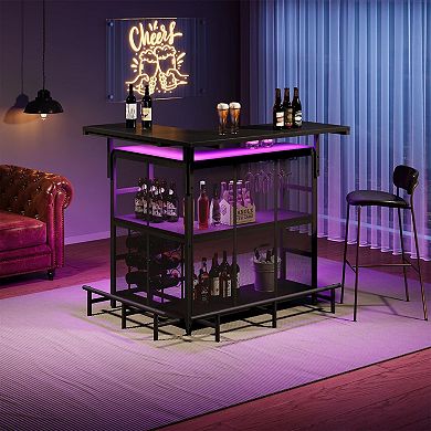 L-Shaped LED Bar Table with 4 Shelves, Wine Storage, and Glass Racks