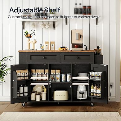Rolling Kitchen Island Cart with Drop Leaf, Power Outlet, Drawers and Cabinets