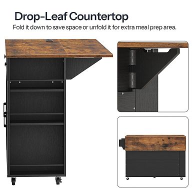 Rolling Kitchen Island Cart with Drop Leaf, Power Outlet, Drawers and Cabinets