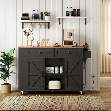 Rolling Kitchen Island Cart with Drop Leaf, Power Outlet, Drawers and Cabinets